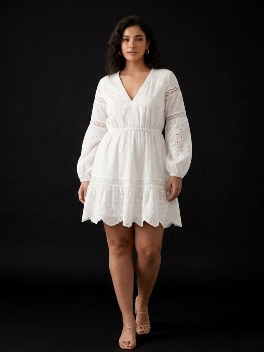 100% Cotton Gianni Bini White Eyelet V-Neck Long Sleeve Mini Dress
